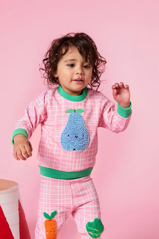 Image of a model wearing Outerwear. Productname: Fruity Pear Baby Sweater in Pink colour by brand - Gorman
