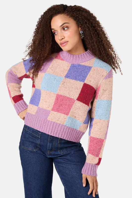Image of a model wearing Outerwear. Productname: Patchwork Jumper in Check colour by brand - Gorman