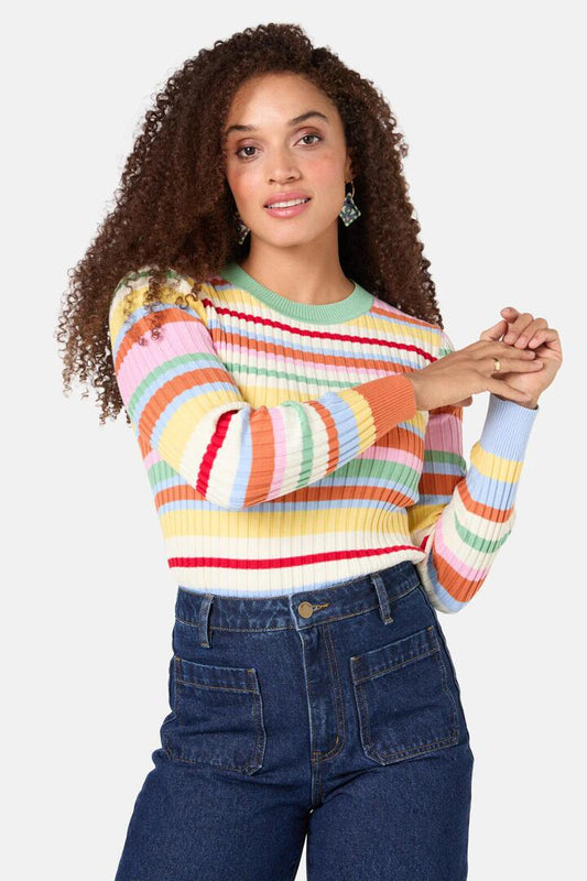Image of a model wearing Tops. Productname: Lets Go Knit Top in Stripe colour by brand - Gorman