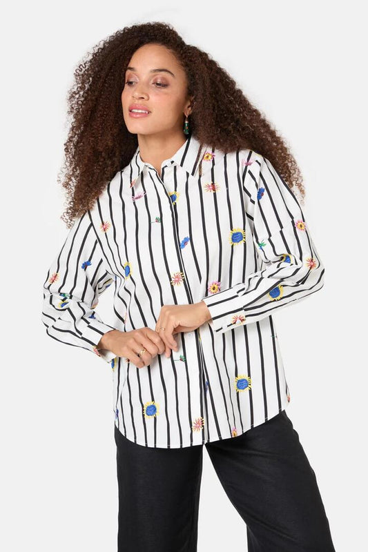 Image of a model wearing Tops. Productname: Bloomscape Emb Shirt in Stripe colour by brand - Gorman