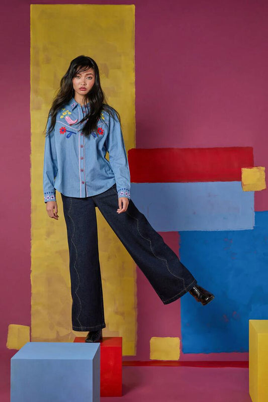 Image of a model wearing Denim. Productname: Picking Petals Jean in Indigo colour by brand - Gorman