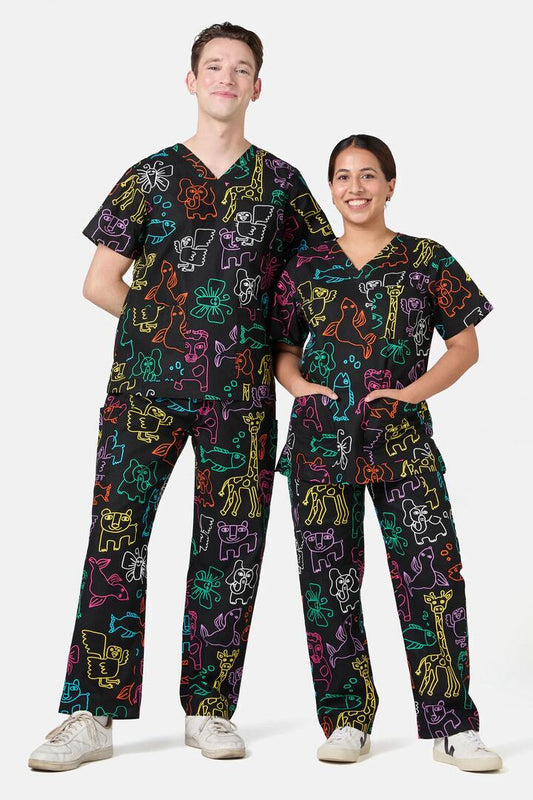Image of a model wearing Uniforms & Workwear. Productname: Zoo Time Scrub Set in Multi colour by brand - Gorman