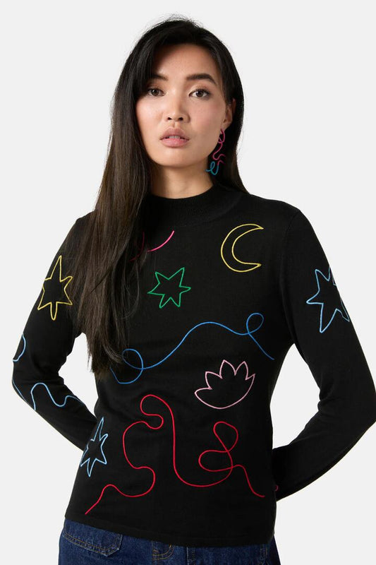 Image of a model wearing Tops. Productname: Desert Squiggle Knit Top in Black colour by brand - Gorman