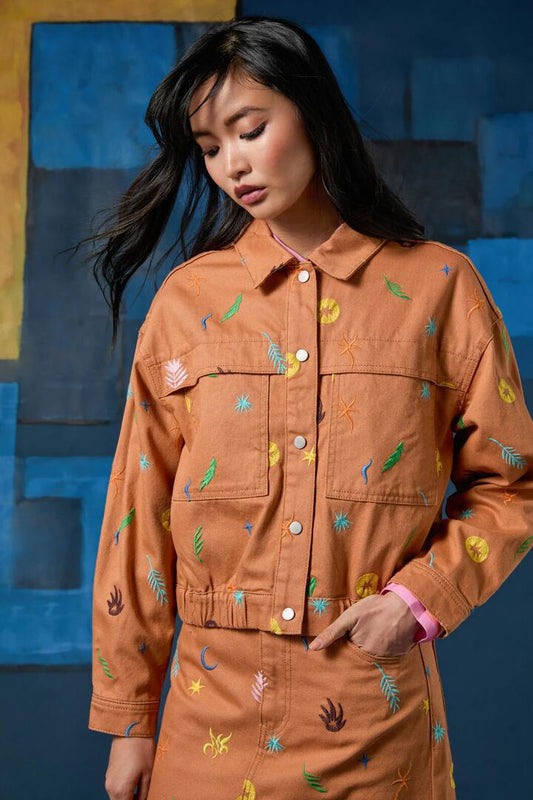 Image of a model wearing Outerwear. Productname: Desert Garden Denim Jacket in Print colour by brand - Gorman