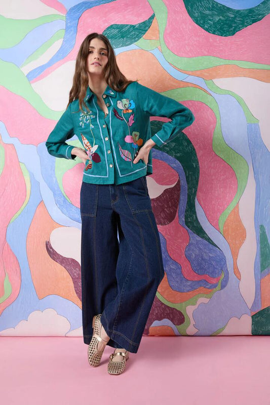 Image of a model wearing Tops. Productname: Flora Aurora Embroidered Shirt in Green colour by brand - Gorman