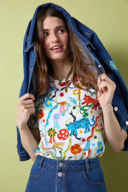 Image of a model wearing Tops. Productname: Parade Yardage Classic Tee in Print colour by brand - Gorman