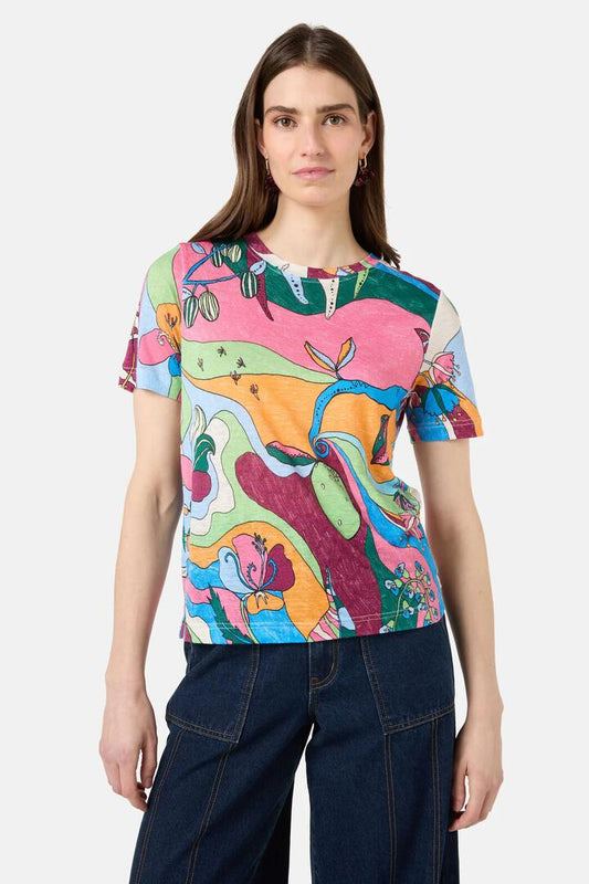 Image of a model wearing Tops. Productname: Flora Aurora Hemp Tee in Print colour by brand - Gorman