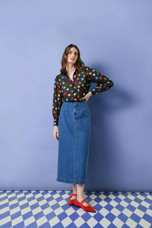 Image of a model wearing Skirts. Productname: Peyton Denim Midi Skirt in Mid Blue colour by brand - Gorman