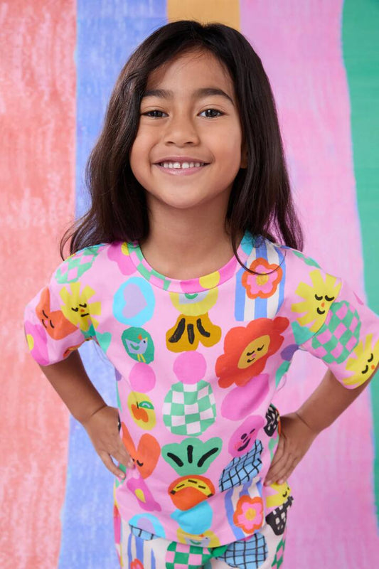 Image of a model wearing Tops. Productname: Stack Up Kids Tee in Pink colour by brand - Gorman