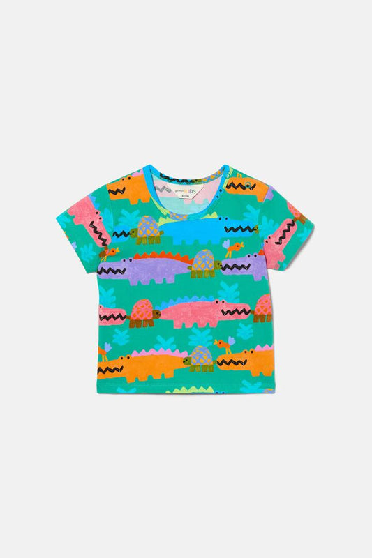 Image of a model wearing Tops. Productname: Snap Baby SS Tee in Green colour by brand - Gorman