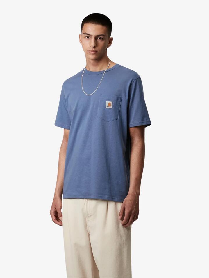 Image of a model wearing Tops. Productname: Carhartt Wip Short Sleeve Pocket T-Shirt in Blueiris colour by brand - Carhartt Wip