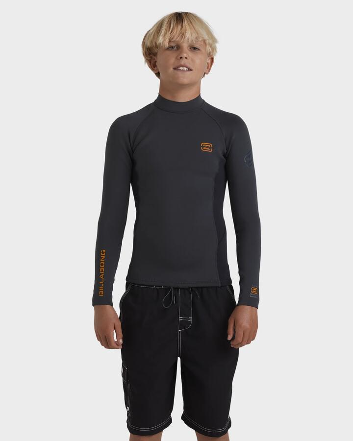 Image of a model wearing Tops. Productname: Billabong Boys 8-16 1/1 Absolute Natural Long Sleeve Wetsuit Graphite - in Graphite colour by brand - Billabong