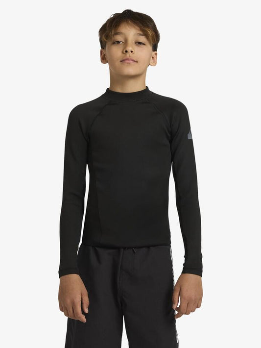Image of a model wearing Tops. Productname: Quiksilver Boys 8-16 Everyday Heat Long Sleeve Rash Vest Black - in Black colour by brand - Quiksilver
