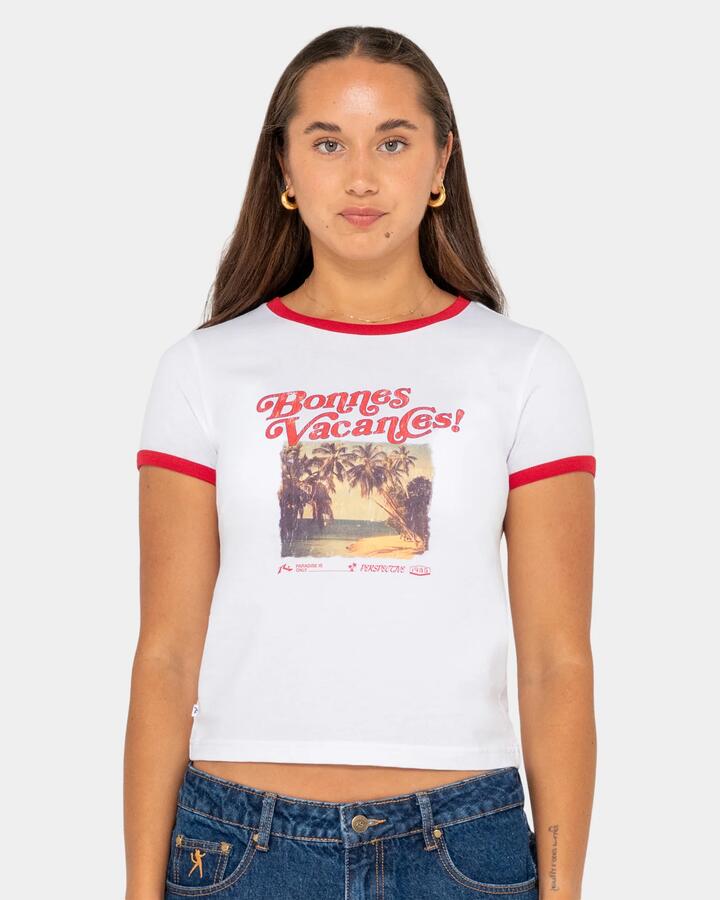 Image of T-Shirts. Product name - Rusty Womens Bonnes Vacances Ringer Baby T-Shirt White in White colour by brand - Rusty