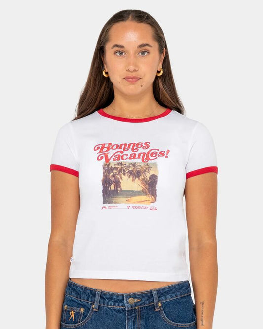 Image of T-Shirts. Product name - Rusty Womens Bonnes Vacances Ringer Baby T-Shirt White in White colour by brand - Rusty