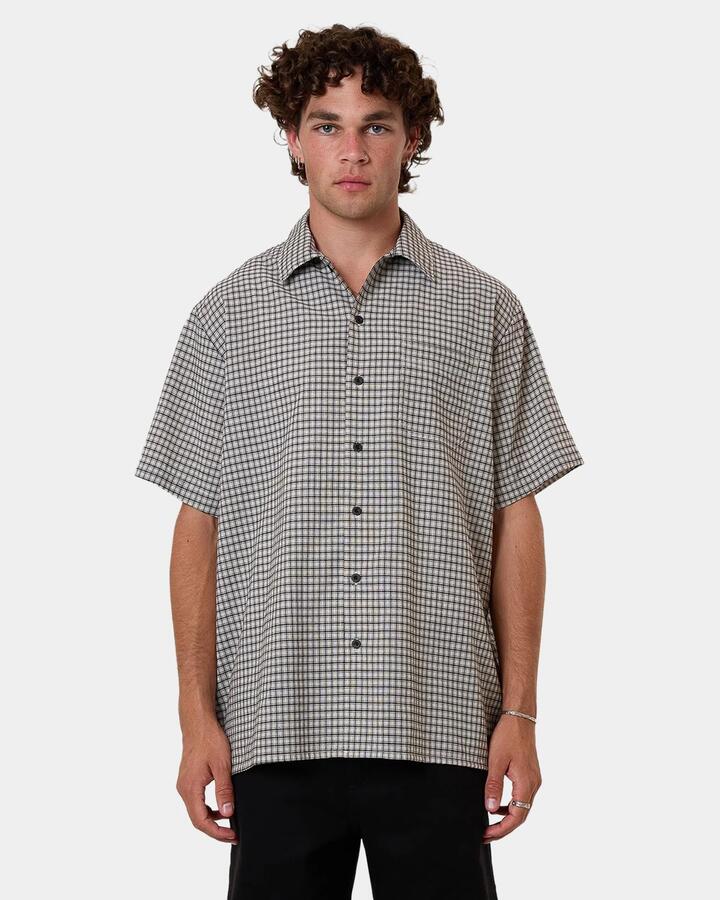 Image of a model wearing Tops. Productname: Thrills - Mens Thrills Union Check Short Sleeve Shirt - Grey - in Grey colour by brand - Thrills