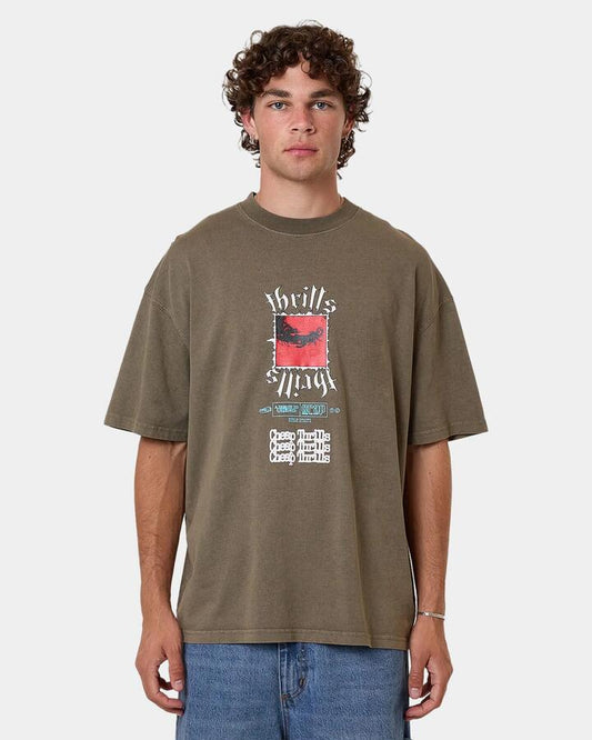 Image of T-Shirts. Product name - Thrills Mens Cheap Thrills Box Fit Oversized T-Shirt Brown in Brown colour by brand - Thrills