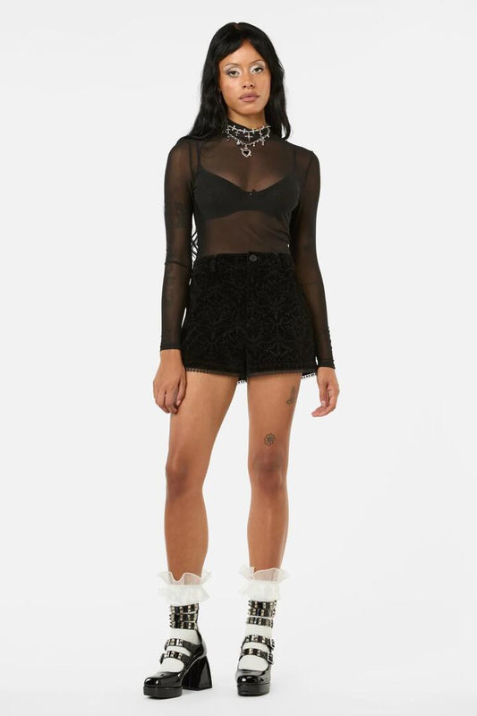 Image of a model wearing Tops. Productname: Not Afraid Mesh Top in Black colour by brand - Black Friday
