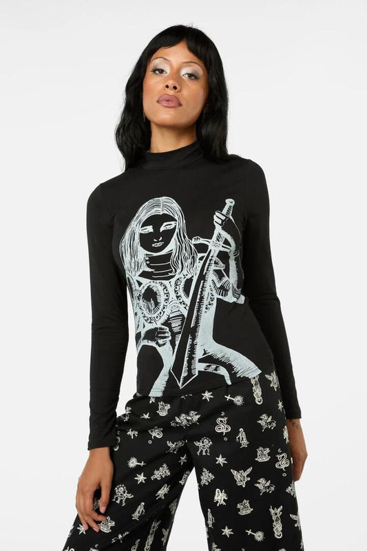 Image of a model wearing Tops. Productname: Reclaim Sword Mock Neck Top in Black colour by brand - Black Friday