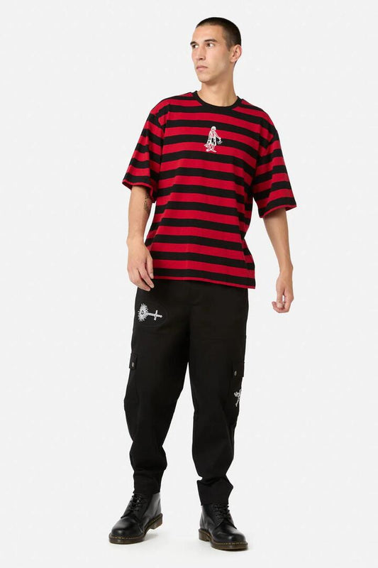 Image of a model wearing Tops. Productname: Virtue Stripe Tee in Black/Red colour by brand - Black Friday