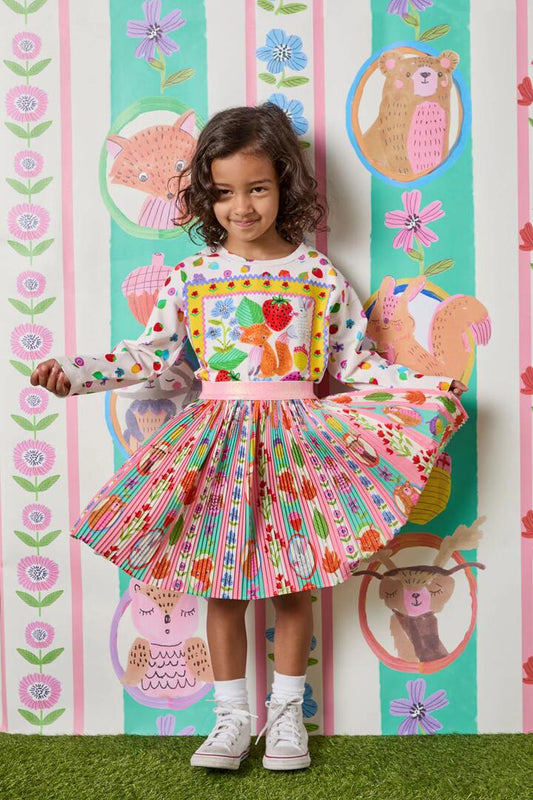 Image of a model wearing Skirts. Productname: Woodland Kids Pleat Skirt in Multi colour by brand - Princess Highway Kids