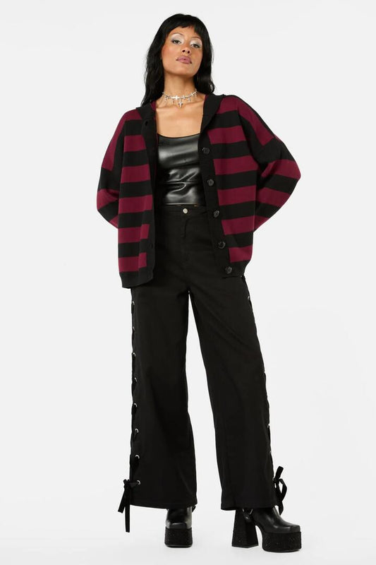 Image of a model wearing Outerwear. Productname: Not Afraid Stripe Cardigan in Red/Black colour by brand - Black Friday