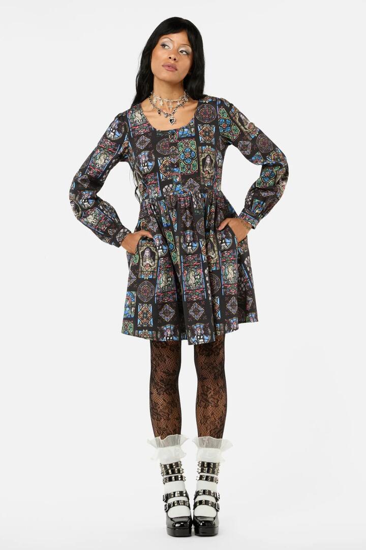 Image of a model wearing Dress. Productname: Vitrail Printed LS Dress in Multi colour by brand - Black Friday