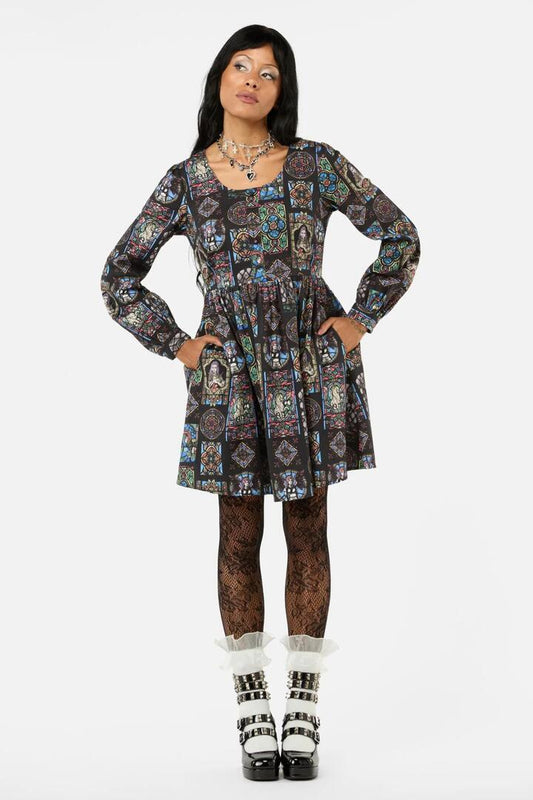 Image of a model wearing Dress. Productname: Vitrail Printed LS Dress in Multi colour by brand - Black Friday