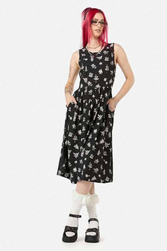 Image of a model wearing Dress. Productname: Darc Printed Midi Dress in Black colour by brand - Black Friday
