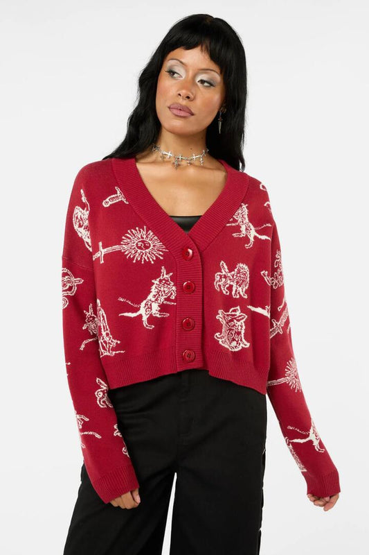 Image of a model wearing Outerwear. Productname: Darc Printed Cardi in Red colour by brand - Black Friday