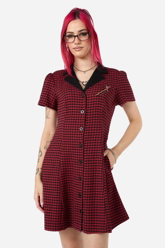Image of a model wearing Dress. Productname: Virtue Houndstooth Dress in Red/Black colour by brand - Black Friday