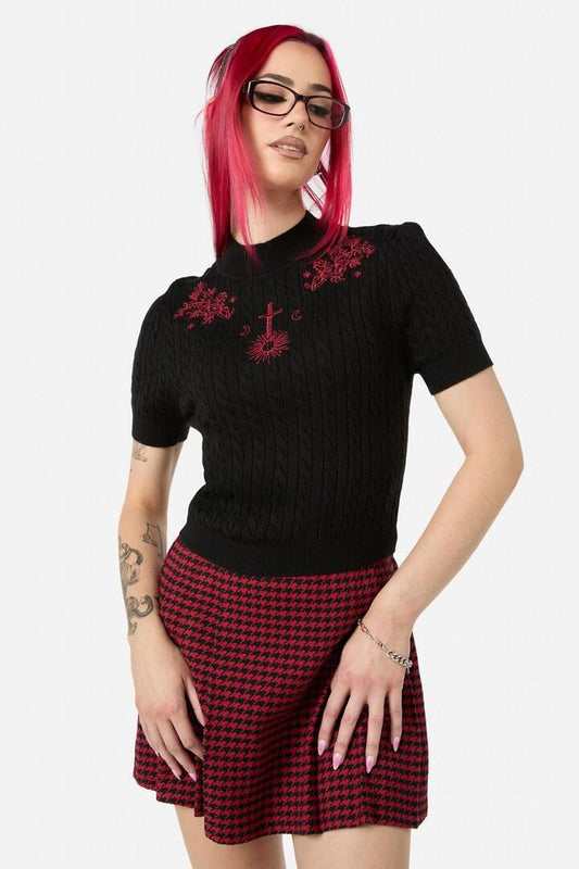 Image of a model wearing Tops. Productname: Grace Cable Knit Top in Black colour by brand - Black Friday