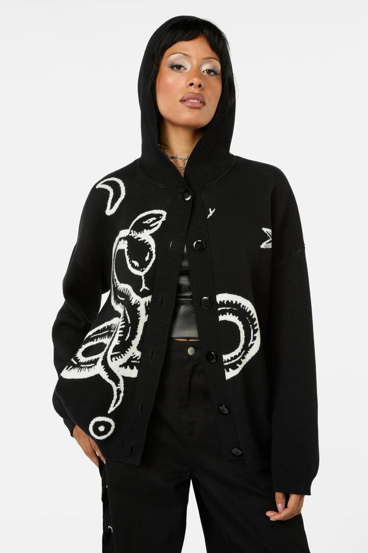 Image of a model wearing Outerwear. Productname: Reclaim Snake Hooded Cardi in Black colour by brand - Black Friday