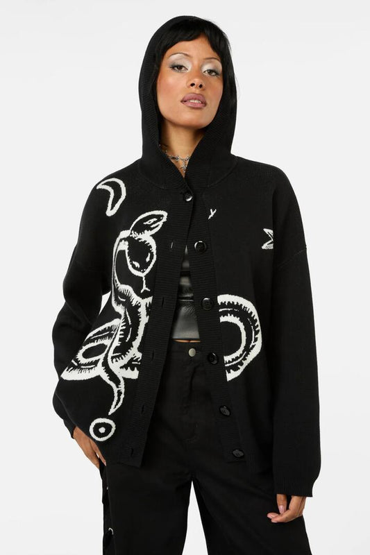 Image of a model wearing Outerwear. Productname: Reclaim Snake Hooded Cardi in Black colour by brand - Black Friday