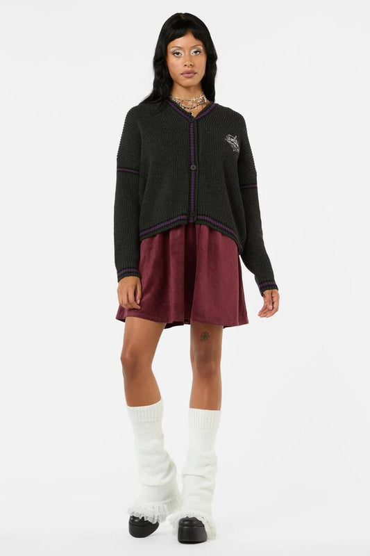 Image of a model wearing Outerwear. Productname: Not Afraid Sword Crest Cardi in Black colour by brand - Black Friday