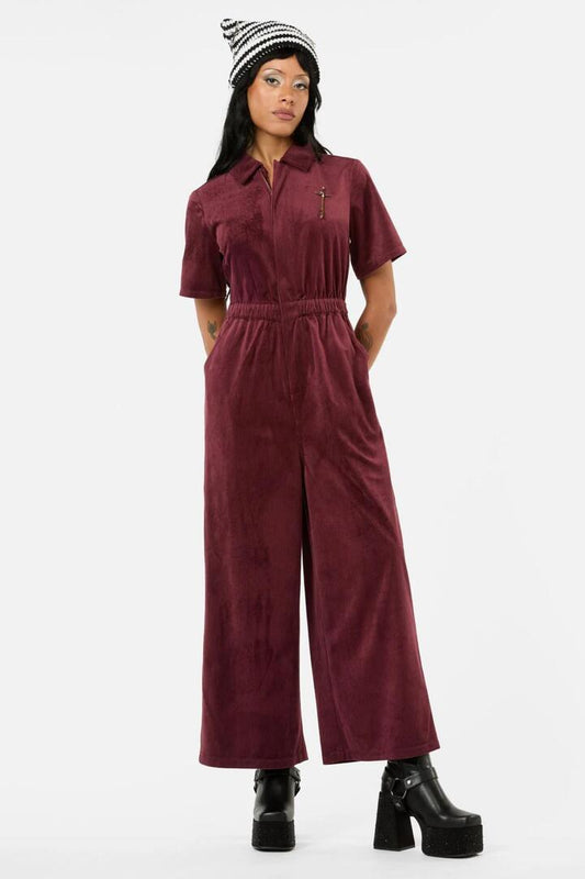 Image of a model wearing Pants. Productname: Unified Cord Coveralls in Maroon colour by brand - Black Friday