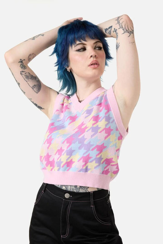 Image of a model wearing Tops. Productname: Never Mind Rainbow Houndstooth Vest in Multi colour by brand - Dangerfield