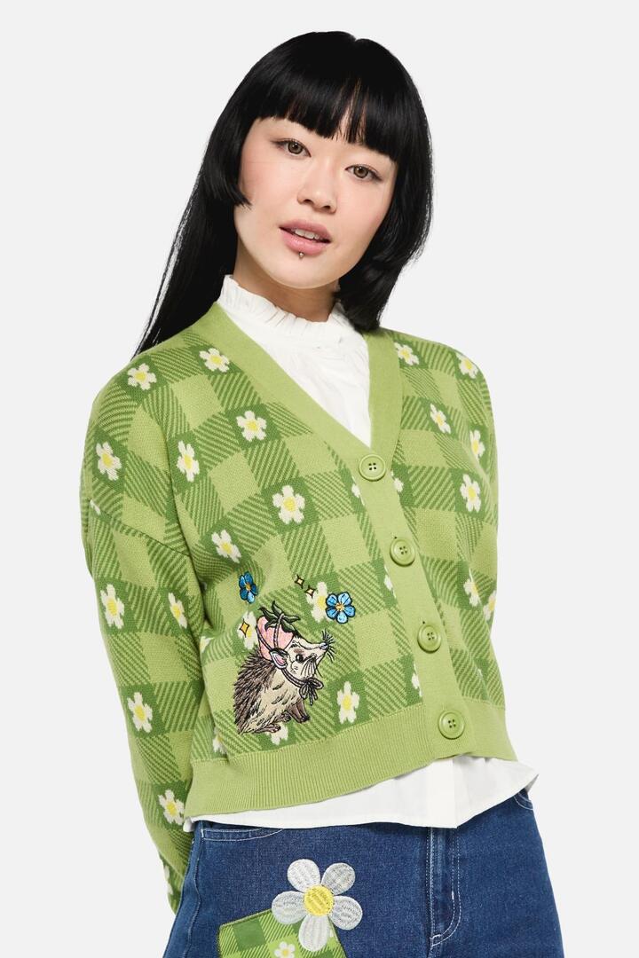 Image of a model wearing Outerwear. Productname: Garden Hedge Check Cardigan in Green colour by brand - Dangerfield