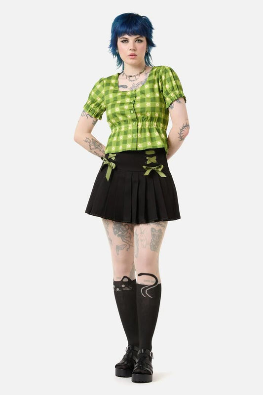 Image of a model wearing Tops. Productname: Garden Hedge Check Top in Green colour by brand - Dangerfield