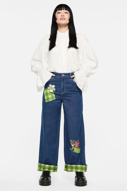 Image of a model wearing Denim. Productname: Garden Hedge Patch Jean in Indigo colour by brand - Dangerfield