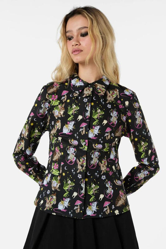 Image of a model wearing Tops. Productname: Collectors Guild Print LS Blouse in Black colour by brand - Dangerfield