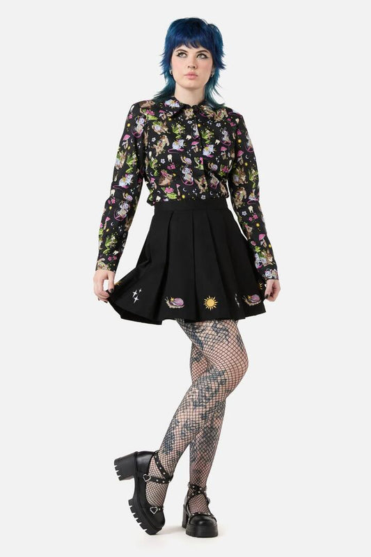 Image of a model wearing Skirts. Product name - Critters Embroidered Skirt in Black colour by brand - Dangerfield