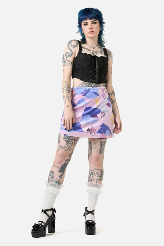 Image of a model wearing Skirts. Productname: Goodnight Bunny Velvet Skort in Lavender colour by brand - Dangerfield
