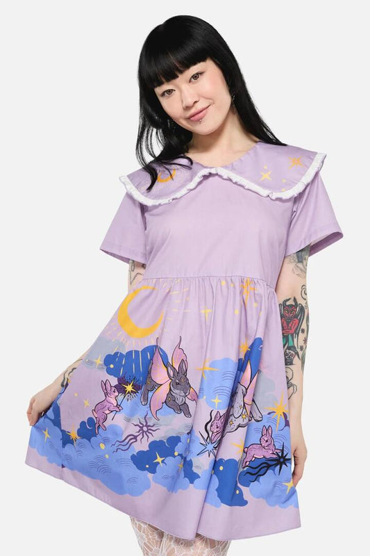 Image of a model wearing Dress. Productname: Goodnight Bunny Border Dress in Lavender colour by brand - Dangerfield