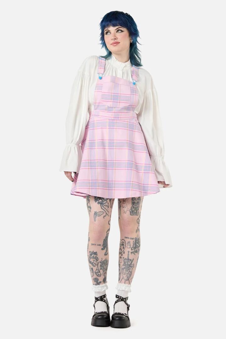 Image of a model wearing Dress. Productname: ETA Tartan Pinafore in Multi colour by brand - Dangerfield