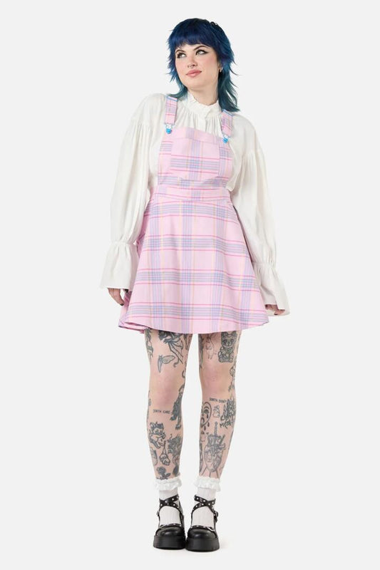 Image of a model wearing Dress. Productname: ETA Tartan Pinafore in Multi colour by brand - Dangerfield