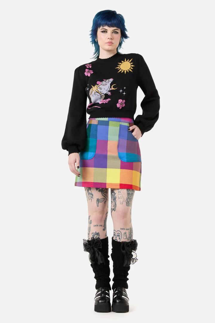 Image of a model wearing Tops. Productname: Collectors Guilde Mouse Knit in Black colour by brand - Dangerfield