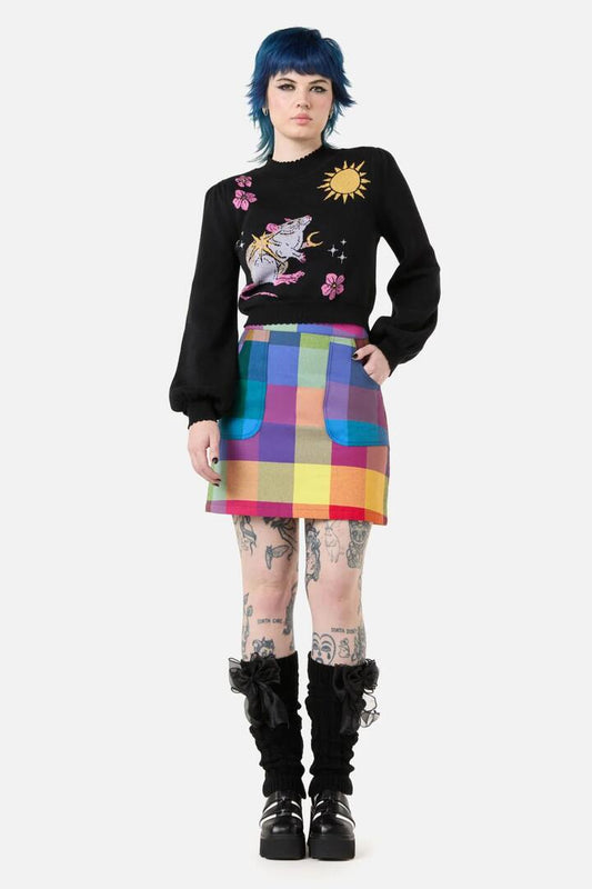 Image of a model wearing Tops. Productname: Collectors Guilde Mouse Knit in Black colour by brand - Dangerfield