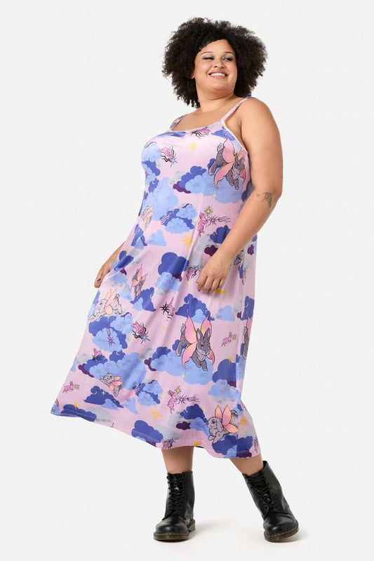 Image of a model wearing Dress. Productname: Curve Goodnight Bunny Velvet Dress in Lavender colour by brand - Dangerfield
