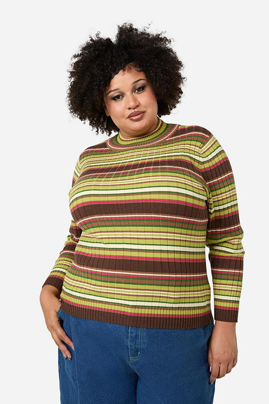 Image of a model wearing Tops. Productname: Curve Homily Stripe Knit Top in Multi colour by brand - Dangerfield